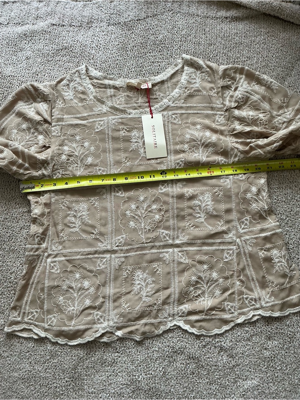 Solitaire Taupe Embroidered Scallop-Hem Puff Sleeve Blouse - Picture 6 of 7